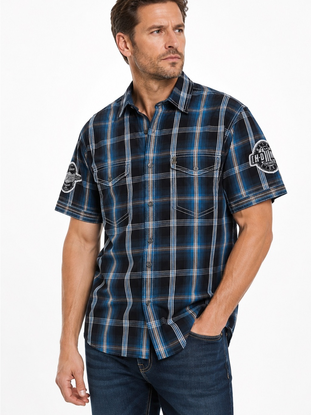 Harley Davidson Motorcycles Mens L Plaid Shirt Blue Black Short Sleeve Biker